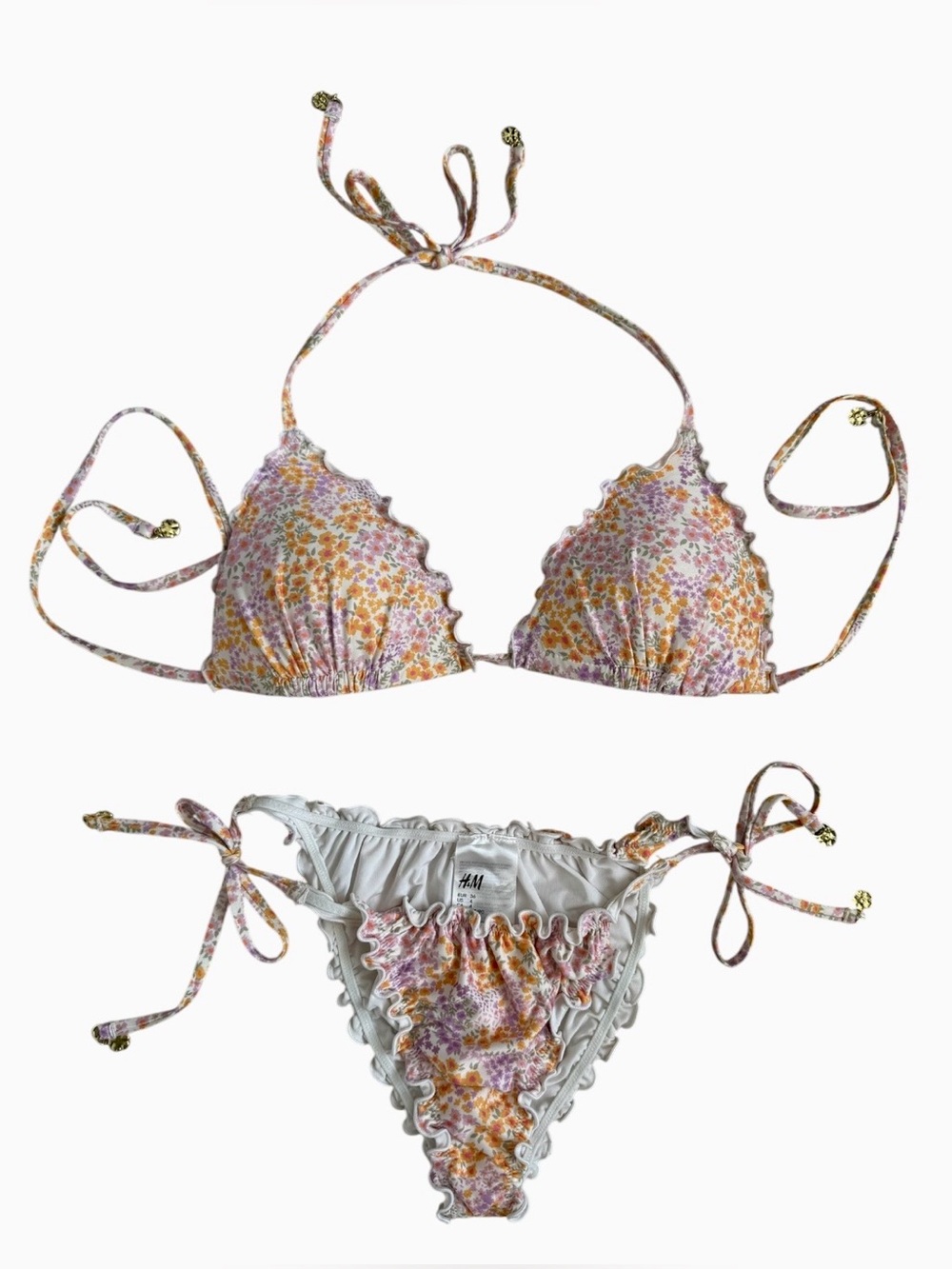 H&M Floral Ruffle Bikini Swim Set Push-up Triangle Top and Side-Tie Bottom 36/4